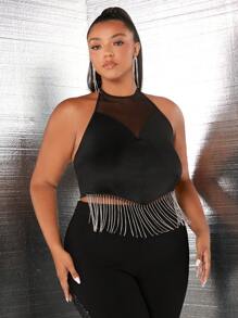 SHEIN SXY 大碼嵌入網紗流蘇下擺掛脖上衣 - 黑色 - 查看 4