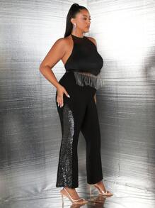 SHEIN SXY 大碼嵌入網紗流蘇下擺掛脖上衣 - 黑色 - 查看 5