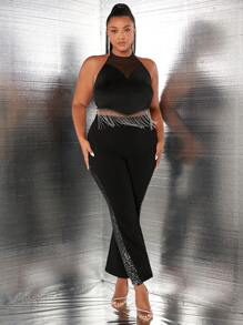 SHEIN SXY 大碼嵌入網紗流蘇下擺掛脖上衣 - 黑色 - 查看 3