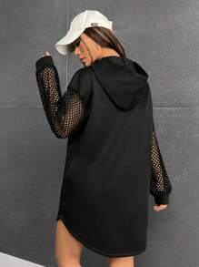 SHEIN EZwear Tương phản Fishnet Dây rút Đàm áo cánh có mũ - màu đen - Xem 2