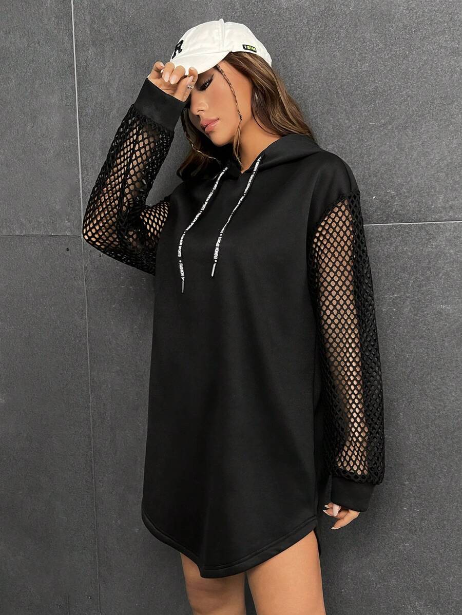 SHEIN EZwear Tương phản Fishnet Dây rút Đàm áo cánh có mũ - màu đen - Xem 1