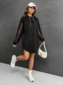 SHEIN EZwear Tương phản Fishnet Dây rút Đàm áo cánh có mũ - màu đen - Xem 4