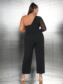 SHEIN SXY Plus One Shoulder Contrast Mesh Jumpsuit - Black - View 2