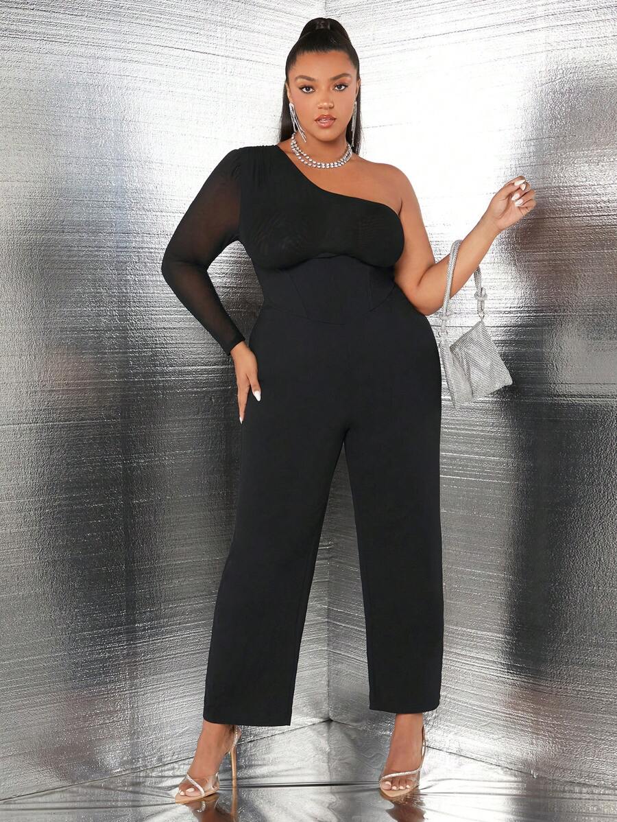 SHEIN SXY Plus One Shoulder Contrast Mesh Jumpsuit - Black - View 1