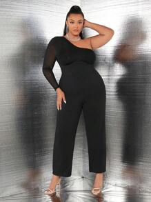 SHEIN SXY Plus One Shoulder Contrast Mesh Jumpsuit - Black - View 4