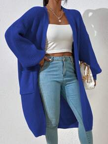 Chiquease Dual Pocket Drop Shoulder Cardigan,Long Sleeve Tops - Blue - View 1