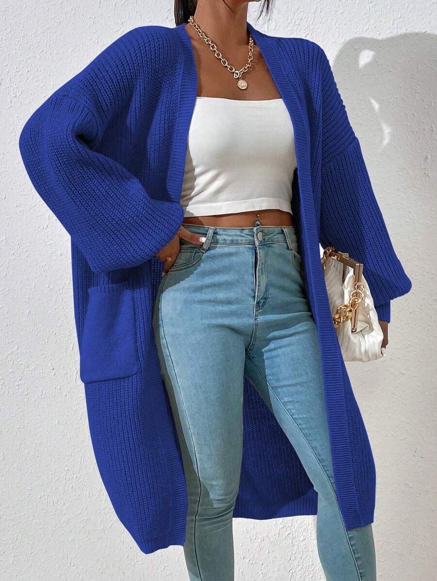 Chiquease Dual Pocket Drop Shoulder Cardigan,Long Sleeve Tops - Blue - View 1