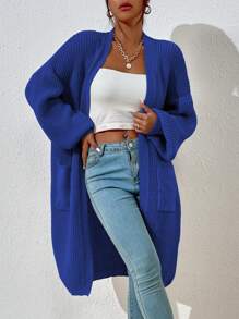 Chiquease Dual Pocket Drop Shoulder Cardigan,Long Sleeve Tops - Blue - View 3
