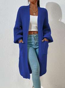 Chiquease Dual Pocket Drop Shoulder Cardigan,Long Sleeve Tops - Blue - View 4