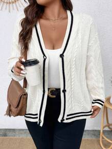 Elenzga Plus Striped Trim Drop Shoulder Cable Knit Cardigan Fall Winter Cloth For Women Autumn