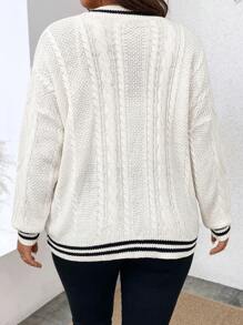 Elenzga Plus Striped Trim Drop Shoulder Cable Knit Cardigan Fall Winter Cloth For Women Autumn