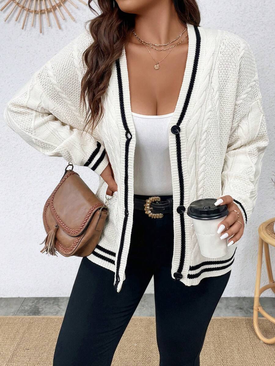 Elenzga Plus Striped Trim Drop Shoulder Cable Knit Cardigan Fall Winter Cloth For Women Autumn