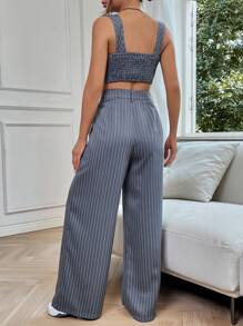 SHEIN EZwear 休閒口袋 拉鍊條紋女士兩件套 - 灰色 - 查看 2