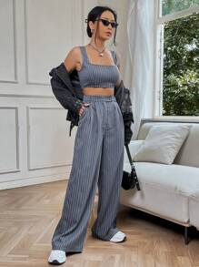 SHEIN EZwear 休閒口袋 拉鍊條紋女士兩件套 - 灰色 - 查看 5