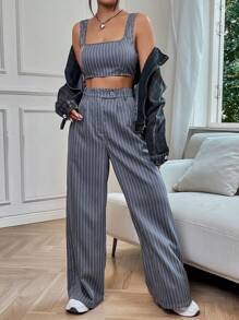 SHEIN EZwear 休閒口袋 拉鍊條紋女士兩件套 - 灰色 - 查看 3