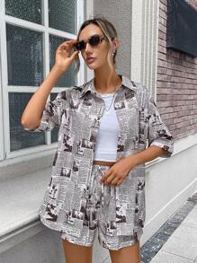 SHEIN Essnce 報紙印花落肩袖襯衫&短褲 - 彩色 - 查看 3