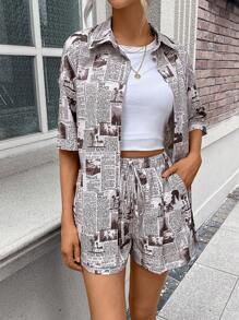 SHEIN Essnce 報紙印花落肩袖襯衫&短褲 - 彩色 - 查看 4