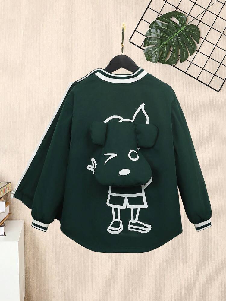 Tween Boy Cartoon Graphic 3D Ear Design Striped Trim Drop Shoulder Jacket