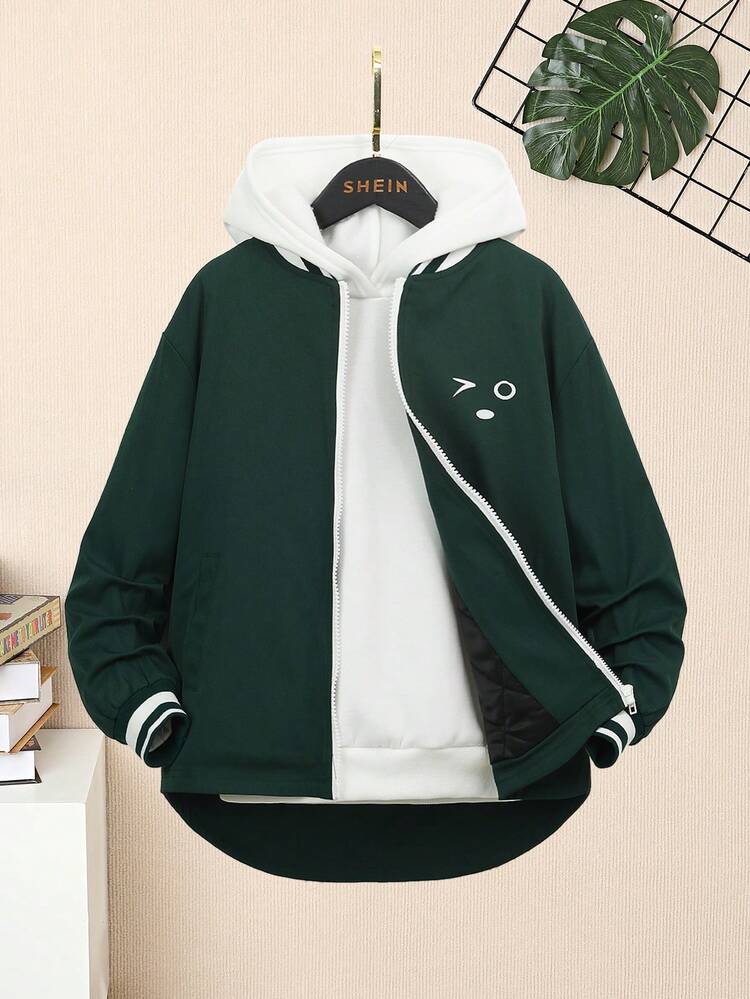 Tween Boy Cartoon Graphic 3D Ear Design Striped Trim Drop Shoulder Jacket