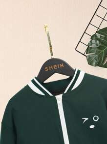 SHEIN Tween Boy Cartoon Graphic 3D Ear Design Striped Trim Drop Shoulder Jacket - Dark Green - View 4