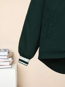 SHEIN Tween Boy Cartoon Graphic 3D Ear Design Striped Trim Drop Shoulder Jacket - Dark Green - View 6