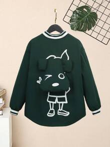 SHEIN Tween Boy Cartoon Graphic 3D Ear Design Striped Trim Drop Shoulder Jacket - Dark Green - View 7