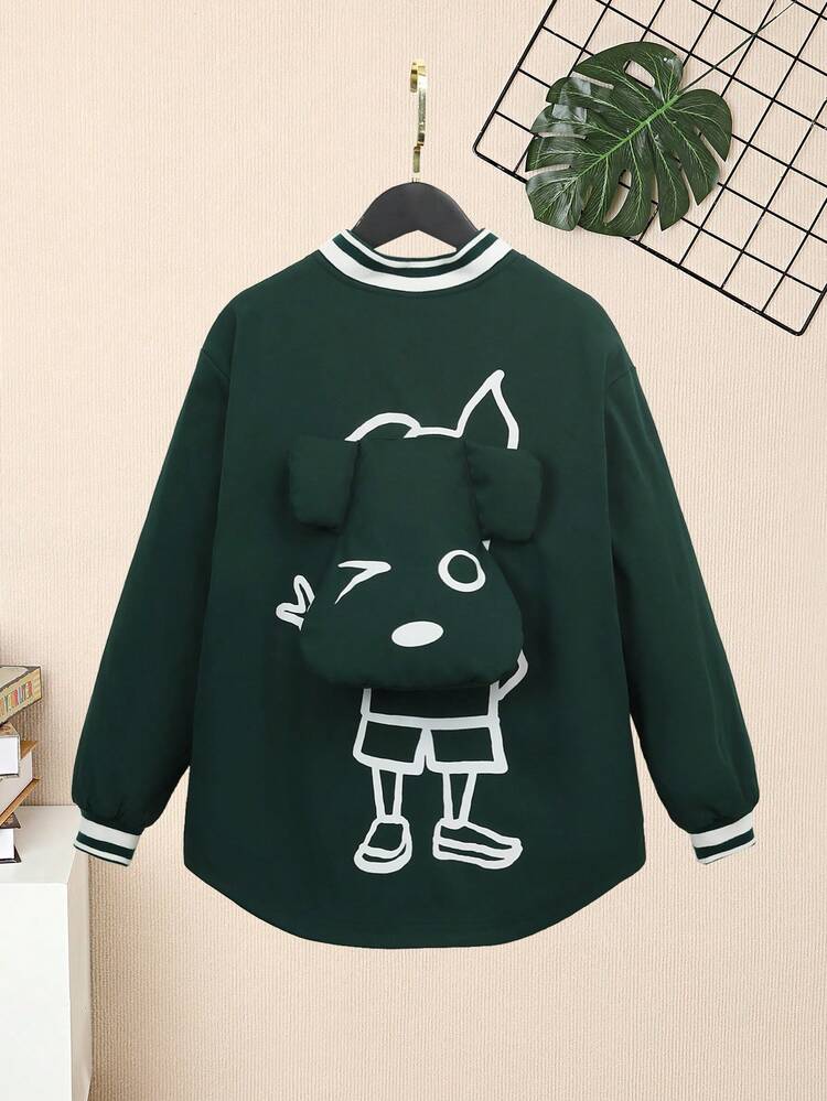 Tween Boy Cartoon Graphic 3D Ear Design Striped Trim Drop Shoulder Jacket