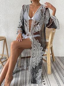 Floral Embroidery Mesh Kimono - Black and White - View 1