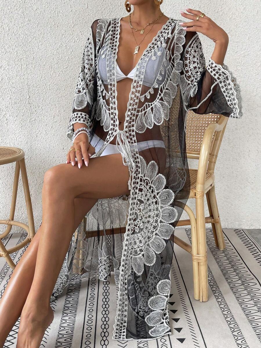 Floral Embroidery Mesh Kimono - Black and White - View 1