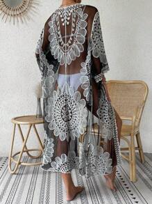 Floral Embroidery Mesh Kimono - Black and White - View 2