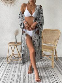 Floral Embroidery Mesh Kimono - Black and White - View 3