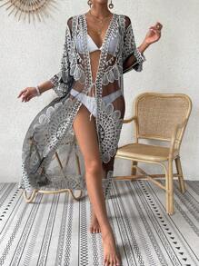 Floral Embroidery Mesh Kimono - Black and White - View 5