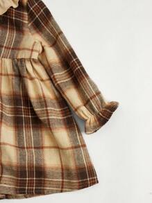 Cozy Pixies 女嬰格紋印花荷葉邊荷葉袖連衣裙 - 杏色 - 查看 5