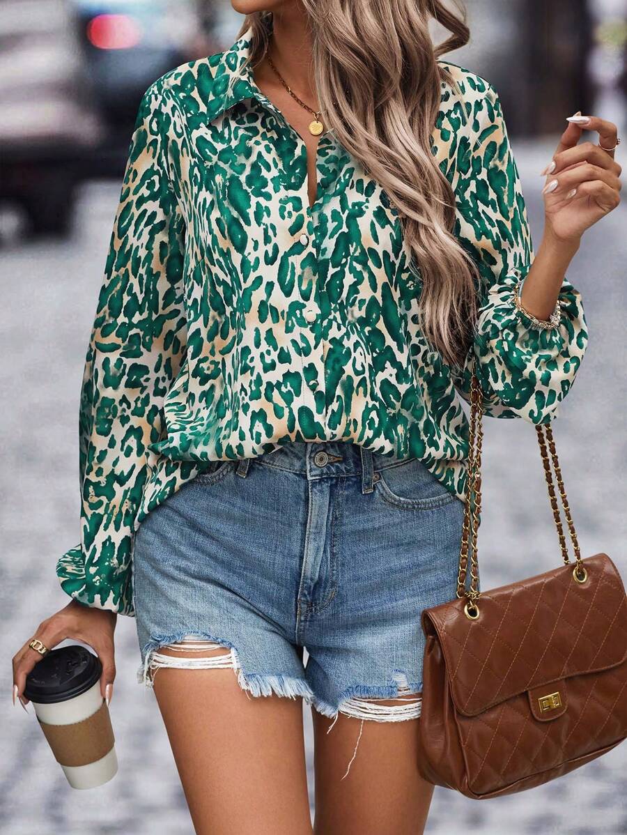 SHEIN Clasi Allover Print Flounce Sleeve Shirt - Apricot - View 1