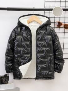 SHEIN Áo khoác có mũ lót nhiệt Tween Boy Zip Up - màu đen - Xem 1