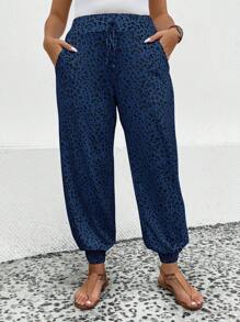 SHEIN Unity 大碼豹紋印花腰上打結長褲 - 藏蓝色 - 查看 3