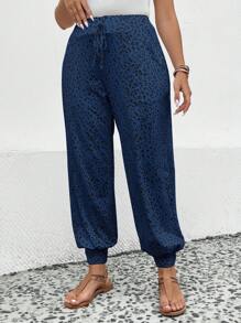 SHEIN Unity 大碼豹紋印花腰上打結長褲 - 藏蓝色 - 查看 4