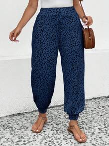 SHEIN Unity 大碼豹紋印花腰上打結長褲 - 藏蓝色 - 查看 5