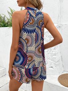 SHEIN VCAY 曼陀羅印花掛脖上衣&短褲 - 棕色 - 查看 3