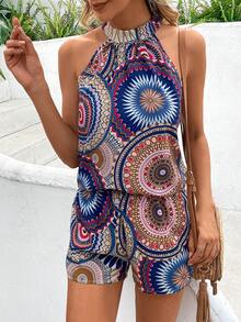 SHEIN VCAY 曼陀羅印花掛脖上衣&短褲 - 棕色 - 查看 6