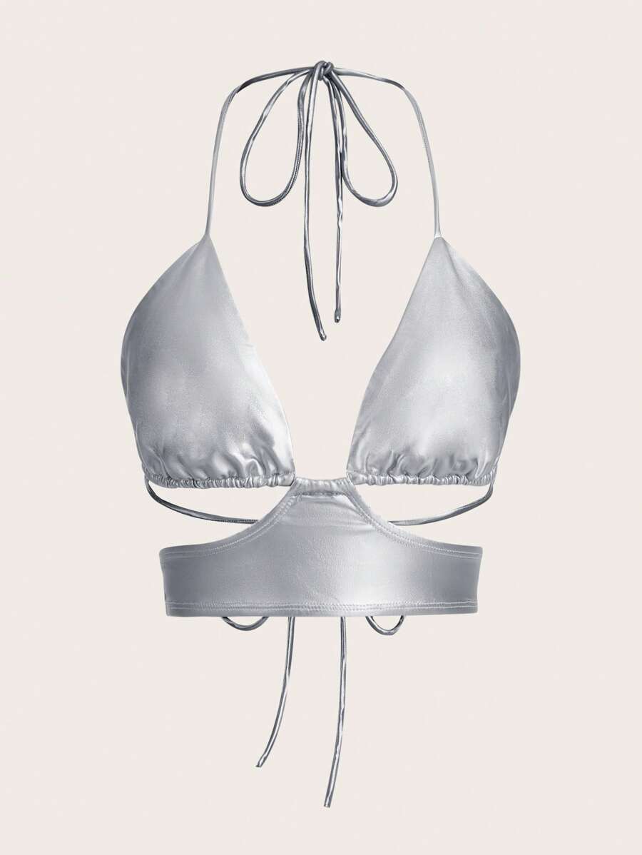 SHEIN ICON Kim loại Cắt ra Ca-vát Backless Áo hai dây - Bạc - Xem 1