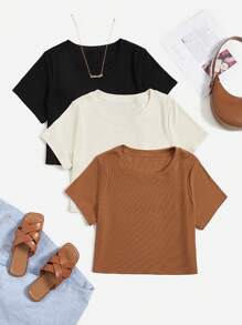 SHEIN Essnce Plus 3pcs Solid Ribbed Knit Tee