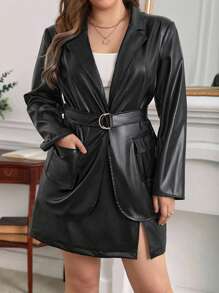 SHEIN Frenchy Plus 1pc Lapel Neck Belted PU Leather Blazer Dress - Black - View 5
