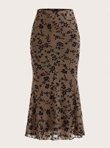 SHEIN EZwear 印花魚尾裙下擺網紗半身裙 - 棕色 - 查看 1