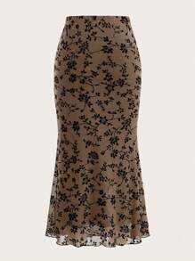 SHEIN EZwear 印花魚尾裙下擺網紗半身裙 - 棕色 - 查看 2