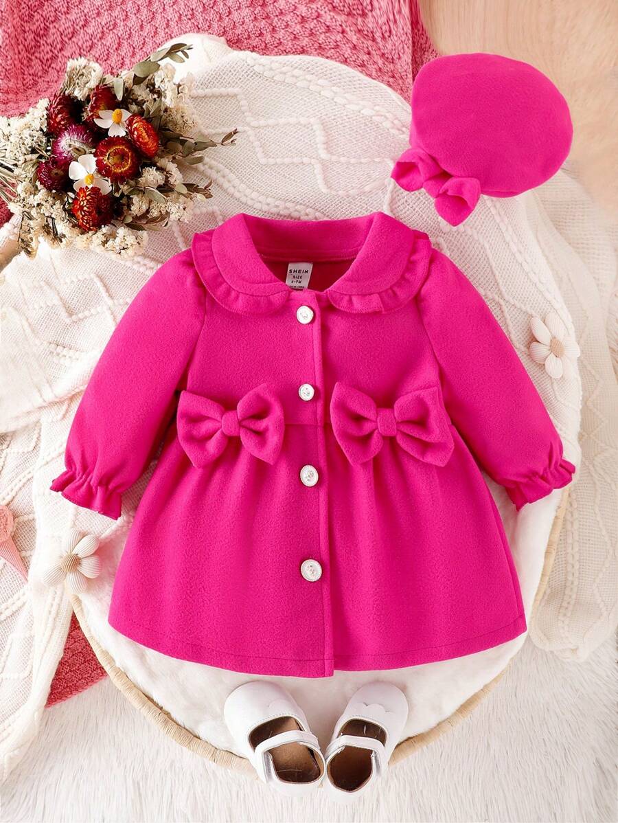 女嬰褶邊前蝴蝶結外套&帽 - 玫紅色 - 查看 1