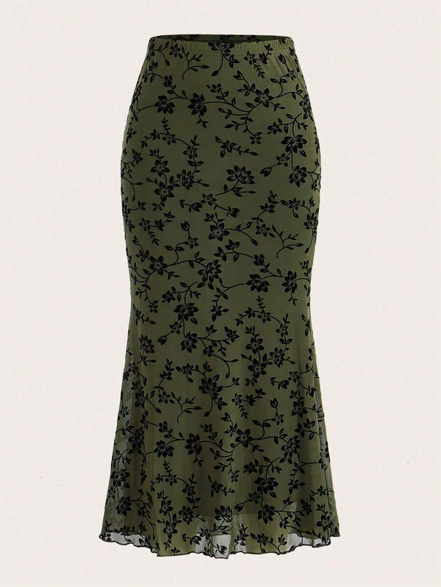 SHEIN EZwear Floral Print Mermaid Hem Mesh Skirt - Army Green - View 1
