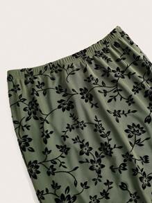 SHEIN EZwear Floral Print Mermaid Hem Mesh Skirt - Army Green - View 3