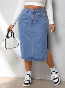 SHEIN EZwear Plus High Waist Split Thigh Denim Skirt - Light Wash - View 1