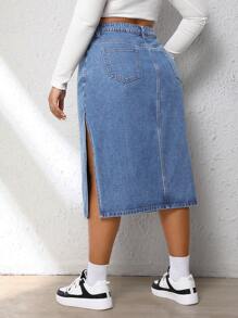 SHEIN EZwear Plus High Waist Split Thigh Denim Skirt - Light Wash - View 2